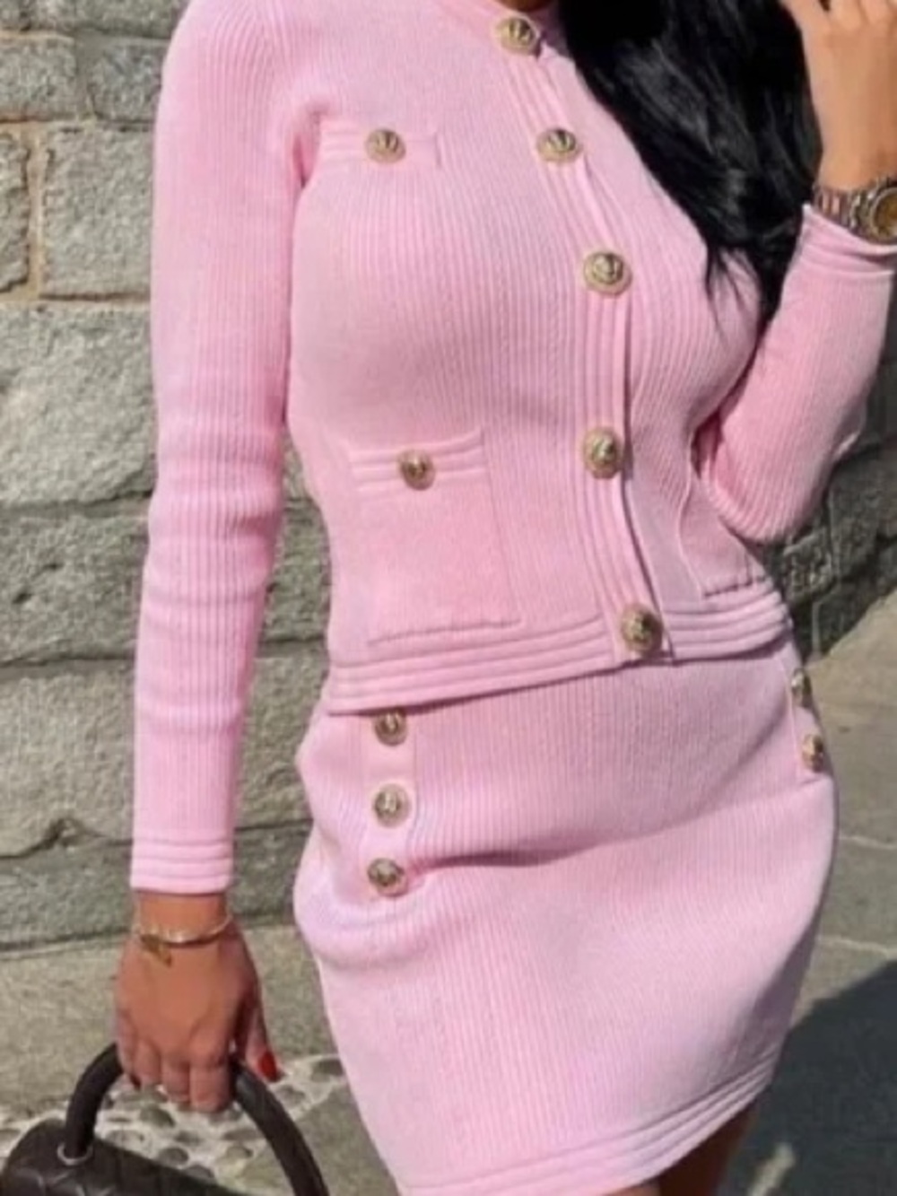 Women's Pink Knit Button-Front Jacket & Skirt Set